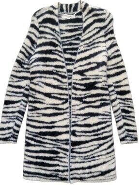 LOFT Women's Zebra Fuzzy Open Front Cardigan XS Black White Striped Coatigan